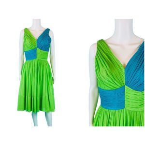 Vintage 1960s Colorblock Dress Blue Green Chiffon Cocktail | W 26"